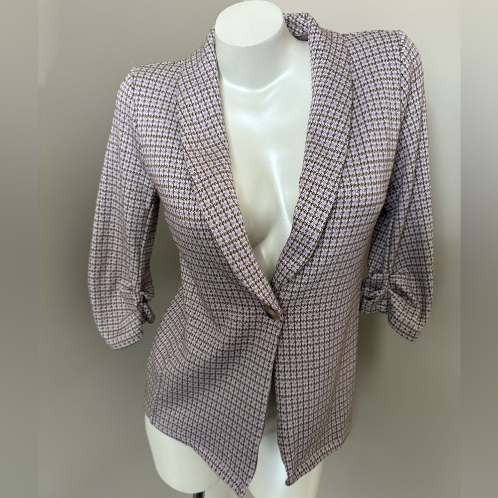 Altar’d State Sz XS Womens Houndstooth Blazer Jacket 3/4 Ruched Sleeve Button